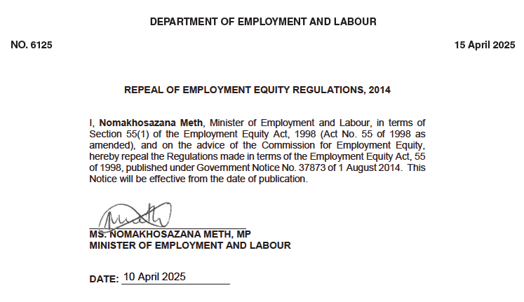 N6125 Repeal Employment Equity Regs, 2014